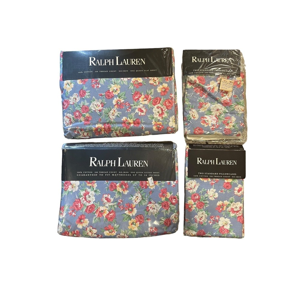 VINTAGE Ralph Lauren Hope Floral Multi Queen Sheet Set Flat Fitted Pillowcases